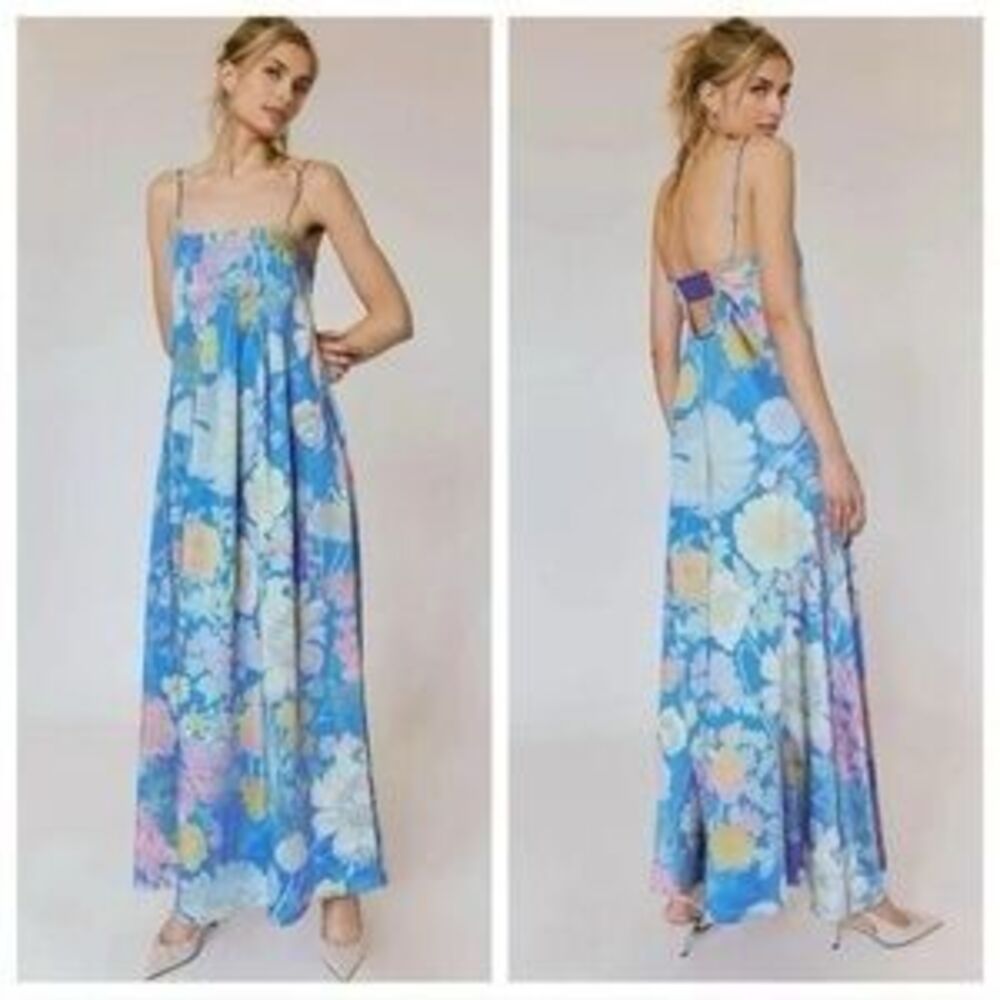 NWT Free People Womens Floral Botanical Pleated Maxi Dress Blue Combo Large